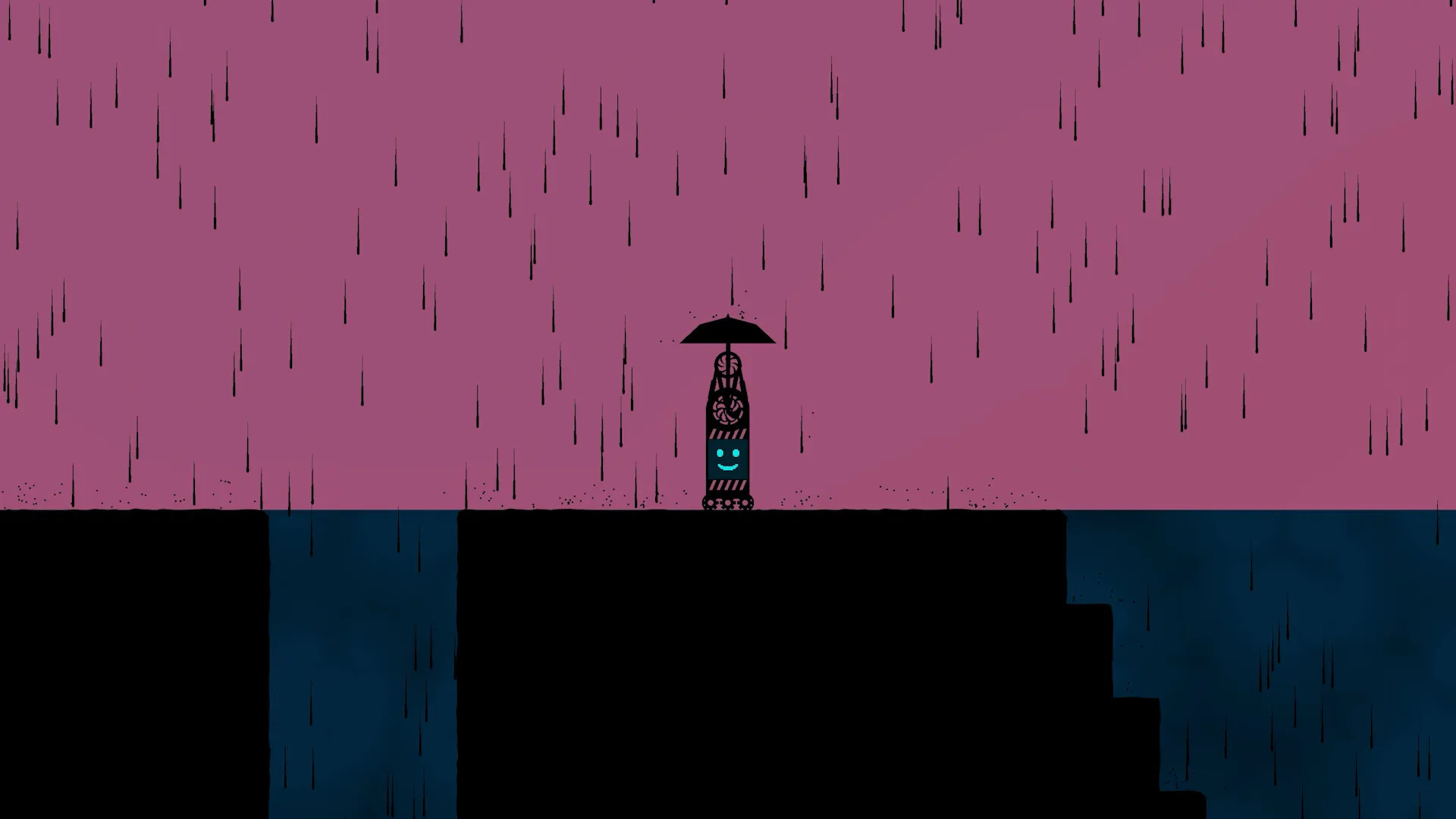 雨の中で傘を開く主人公